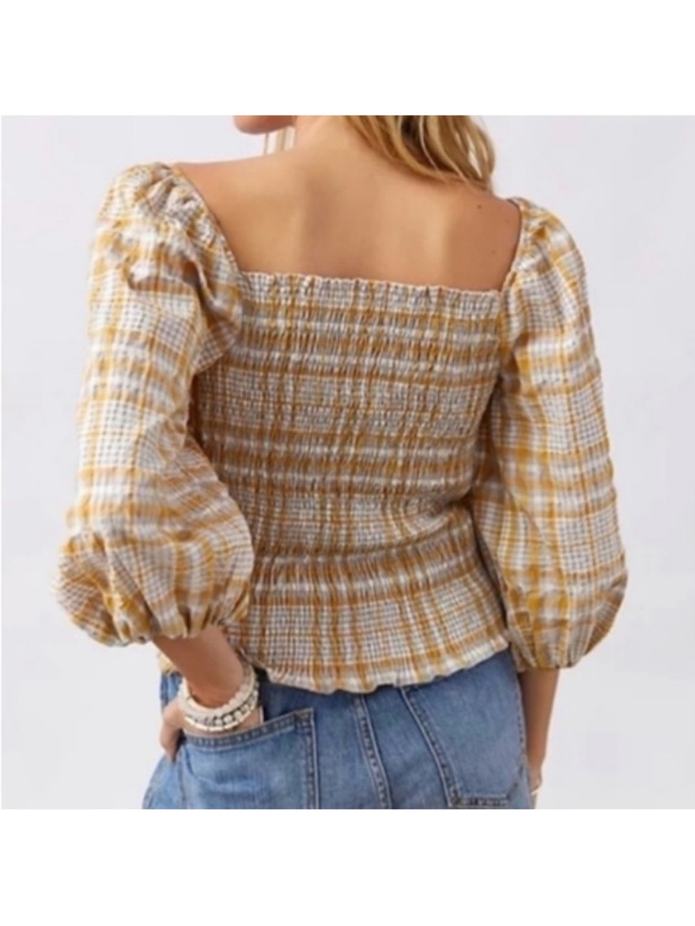 Maeve Yellow and White Plaid Puff Sleeve Square Neck Top